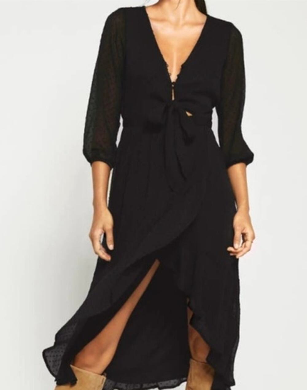 Abercrombie & Fitch Swiss Dot Dress V-Neck Tie Front 3/4 Sleeve Ruffle Midi Tall